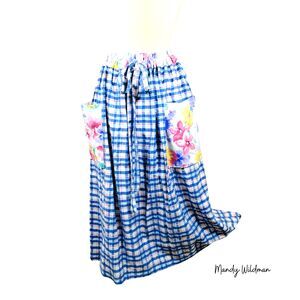 Handmade Cotton Blue Skirt Plaid Seersucker. Tie Waist, Pockets, Scrunchie. XL
